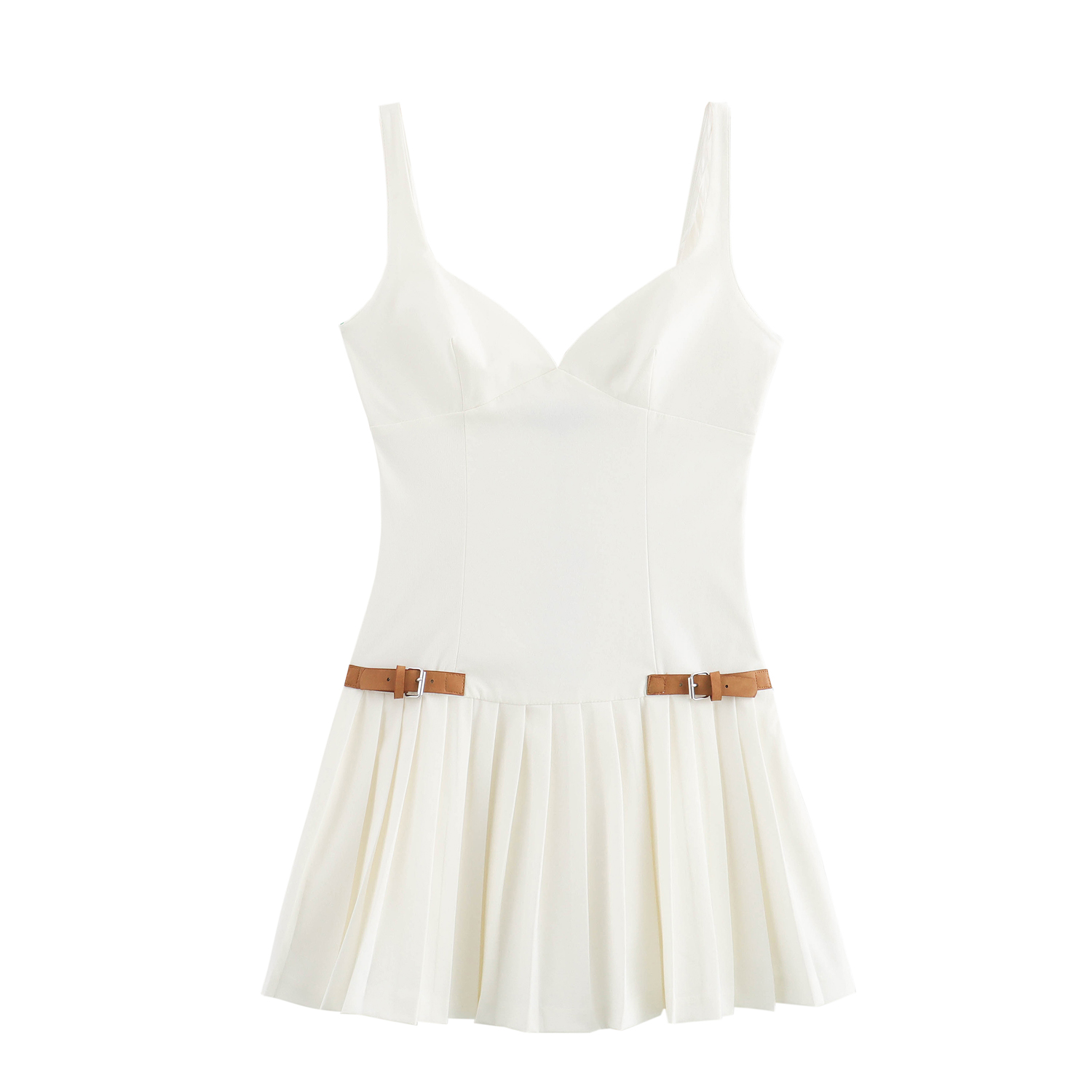 HanOu 2025 Shoulder Strap Side Buckle Beige Color Pleated Casual Fashion  Summer Mini Slip Dress for Women| Alibaba.com