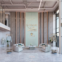 Présentoir brutaliste pour magasin de vêtements au détail de luxe Mobilier de boutique personnalisé Surface en acier inoxydable OEM/ODM Vêtements en bois