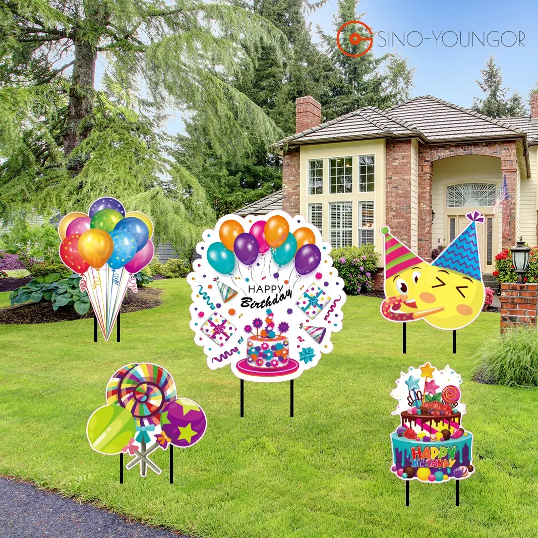 新しいお誕生日おめでとう芝生の庭の看板漫画の風船ケーキキャンディー帽子結婚式の壁の装飾屋外ガーデンパーティー用品の装飾