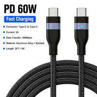 Câble USB-C vers USB-C tressé en nylon avec indicateur LED PD 60W, cordon de charge rapide 3A pour iPhone 17 16 Pro Max Samsung S26 MacBook