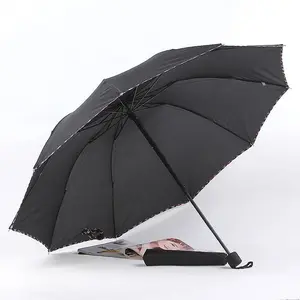 Besar 10 K Manual buka portabel 3 lipat tahan air tahan angin kualitas tinggi Pongee dilindungi tepi payung