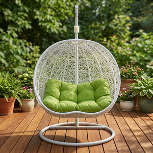 Modern White Wicker Hanging Egg Chair with Green <b>Cushion</b> and Metal Stand for Outdoor Patio and <b>Garden</b> - Product Image 1