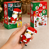 Gantungan Kunci Santa Claus dengan Blok Bangunan dan Cincin Jari yang Dapat Dipakai, Topi Merah, Jenggot Putih, Karakter Liburan