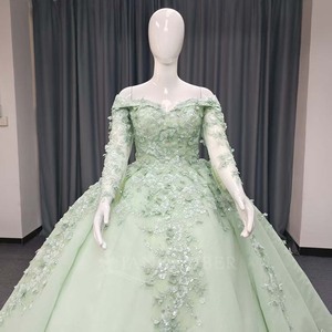 Lsany214 Luxury Green <b>Ball</b> Gown Wedding Dress Ruffled Lace Appliques Beaded Detail Brush Plus Size Wedding Dress Jancember - Product Image 5