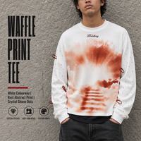 T-shirt à manches longues Custom Atelier Waffle 280gsm, imprimé abstrait rouille, manches à pois cristallins, finition ruban, style streetwear, OEM ODM