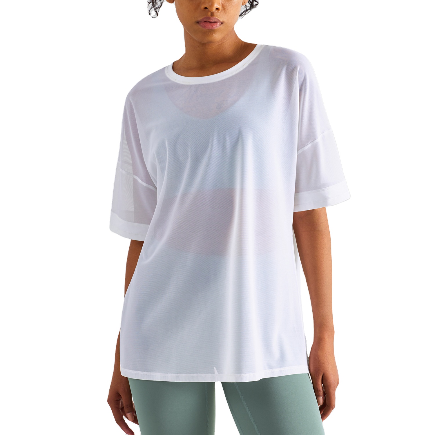 Custom Women Summer Long Length Tee Tops Split Design Loose See Through T-shirt Mesh Yoga Sexy Blouse Short Sleeve T Shirt