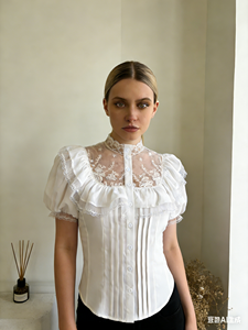 Camisa Casual Blanca de Encaje con Cuello Redondo y Mangas Abullonadas para Mujer, Mezcla de Poliéster y Spandex, Prenda de Verano - Product Image 5