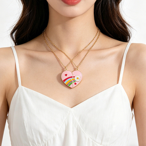2 Pezzi Collana dell'Amicizia con Cuore Diviso, Margherita Arcobaleno Smaltata, Placcata Oro Rosa, Collane Abbinate per Migliori Amiche, Donne e Ragazze - Product Image 2