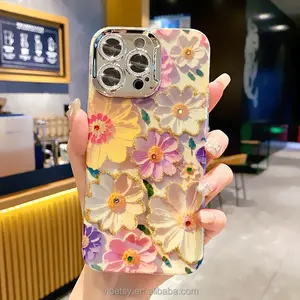 Pintura al óleo nuevo creativo 3D flor patrón moda teléfono case15promax 14pro lente película 13 12 11 a prueba de caídas 15Plus para iPhone