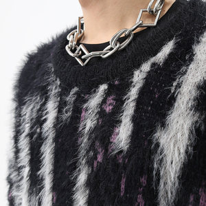 Custom Vertical Stripe Faux Mohair Crew Neck Sweater Unisex <b>Oversized</b> <b>Fluffy</b> Fuzzy Knitted Pullover Streetwear Knit <b>Jumper</b> - Product Image 6
