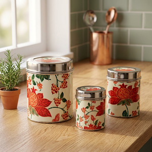 Classic Floral Printed Stainless steel Food Containers Airtight Round <b>Storage</b> <b>Jars</b> <b>for</b> <b>Kitchen</b> Use 1-3L Capacity - Product Image 2