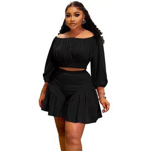 Baddie Summer Solid Breathable Polyester Casual Short <b>Set</b> Off-Shoulder Crop Top Pleated Flare Sweet Women 2-Piece <b>Set</b> - Product Image 3