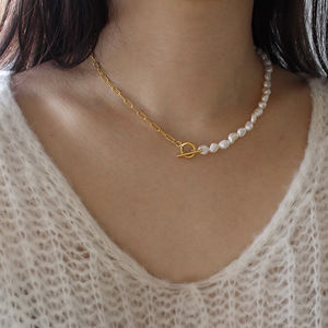 Gargantilla de perlas de agua dulce con broche de palanca, collar de cadena de acero inoxidable chapado en oro de 18k, joyería - Product Image 3