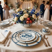Assiettes en céramique bleues et blanches peintes à la main, service de vaisselle en porcelaine vintage romantique, assiettes de présentation pour événements de mariage et traiteur