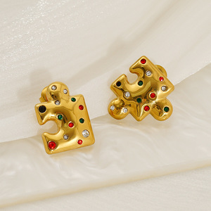 ZOGXIN Gold Plated Stainless Steel Jigsaw Puzzle <b>Stud</b> Earrings With Colored Stones For Women Party Jewelry - Product Image 2