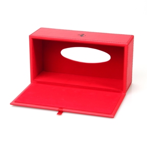 Support de mouchoirs en cuir PU rouge gaufré avec logo + MDF pour <span class=keywords><strong>voiture</strong></span>, boîte à mouchoirs en cuir, vente en gros - Product Image 5