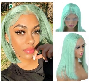 Pelucas Bob de Cabello Humano Verde Claro, 13x4, con Frente de Encaje, Cabello Virgen Remy para Mujer, Liso Sedoso, Encaje Transparente, Color Verde Menta - Product Image 1