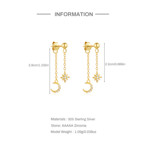 CANNER Joyería Fina, Pendientes de Plata de Ley 925 con Cadena de Borlas y Circonita Cúbica, Diseño de Estrella y Luna, para Mujer, Regalo - Product Image 6