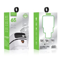 Chargeur GaN PD65W avec câble intégré, ports USB-C/USB-A pour une charge rapide des téléphones, norme européenne/britannique, logo personnalisé