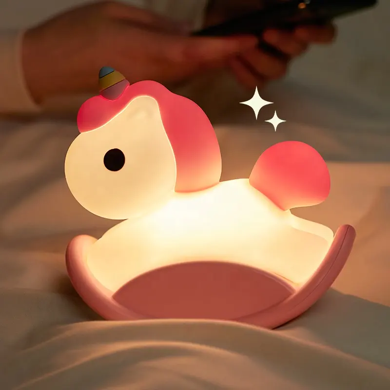 New Cute Nursing Light Children Led Touch Rechargeable Rocking Horse Bed Lamp Unicorn Silicone Night Lights For Kids Gift