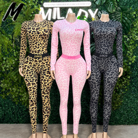 Ensemble 2 pièces pour femme Milady en nylon imprimé léopard, haut à manches longues et leggings taille haute, taille élastique, tenue de sport