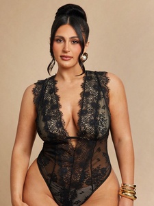 Teddy sexy en dentelle florale transparente à col en <span class=keywords><strong>V</strong></span> profond, sans manches, lingerie de nuit, taille plus, combinaison transparente - Product Image 6