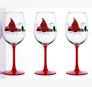 Verre à vin blanc de conception européenne, fabriqué à la machine, peint à la main, motif maison rouge, pour occasions festives, barware de fête - Product Image 2