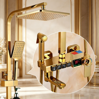 Ensemble de douche thermostatique moderne couleur or, finition laiton, pommeau de douche pluie mural, système monocommande chaud/froid