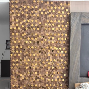Décoration murale en noyer noir, panneau en bois massif, mosaïque en noyer foncé, accent métallique - Product Image 2