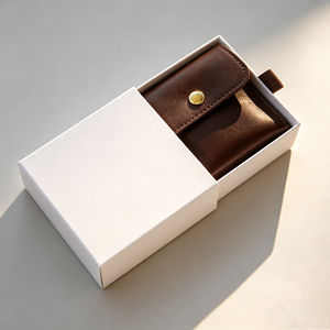 Eco-friendly Customized Luxe Discreet Jewelry Packaging Sets White Slide <b>Box</b> With Vintage Brown Snap Button Leather Pouch - Product Image 1