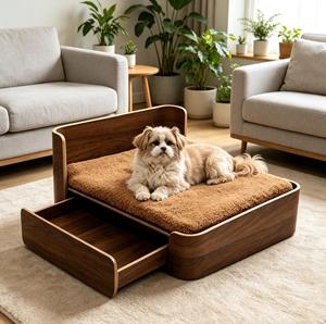 Multi-Functional Wooden Elevated Dog <b>Cat</b> Bed 2 in 1 Raised Pet Sleeping Bed with Storage Drawer Soft Plush Cushion Pet Furnitu - Product Image 1