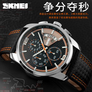 Montre chronographe ronde pour homme, bracelet en cuir de luxe, montre à quartz étanche 30M, montres en gros - Product Image 2