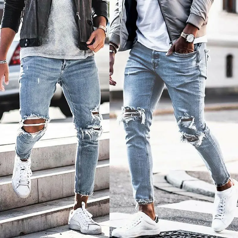 Stylish Ripped Jeans Men Light Blue 2021 New Design High Street Style Plus Size 3XL Washed Hollow Out On Knee Men's Jeans