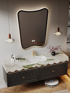 Handmade original design French retro <b>oak</b> rock panel seamless ceramic basin intelligent mirror cabinet bathroom cabinet - Product Image 3