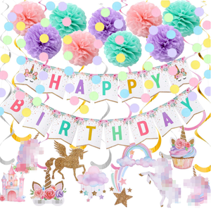 Decoración para Fiesta de Cumpleaños de Unicornio para Niño o Niña, Pancartas de <span class=keywords><strong>Feliz</strong></span> Cumpleaños, Serpentinas, Espirales de Arcoíris, Guirnaldas de Puntos, Pompones de Papel, Artículos para Baby Shower - Product Image 1