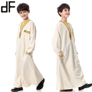 Cardigan islamici aperti sul davanti del collo in pizzo giallo chiaro all'ingrosso arabia saudita abaya progetta abbigliamento per ragazzi lunghi thobe