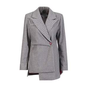 <span class=keywords><strong>Blazer</strong></span> asimmetrico a righe grigie a maniche lunghe in poliestere completo scollo a V giacca <span class=keywords><strong>donna</strong></span> con bottone - Product Image 1