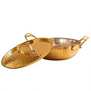 Kadahi en laiton martelé avec double poignée et couvercle pour cuisine domestique, cuisson sur cuisinière, pot de cuisson durable, Kadahi rond - Product Image 1