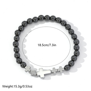 Bracciale da uomo Go2boho <span class=keywords><strong>con</strong></span> <span class=keywords><strong>perline</strong></span> <span class=keywords><strong>e</strong></span> croce, perle finte <span class=keywords><strong>e</strong></span> acciaio inossidabile placcato argento, gioiello regalo cristiano - Product Image 6