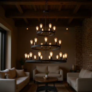 Lustre industriel rétro à 3 niveaux en fer noir, 45 pouces, 27 lumières, pour salles à manger et salons - Product Image 2