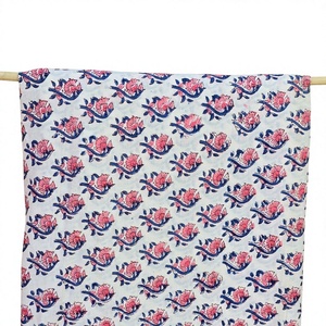 Hand Block Print Fabric Pure Cotton Fabric Floral Cotton Fabric Indian Handmade Textile Pink Floral Print Fabric Blue Floral - Product Image 1