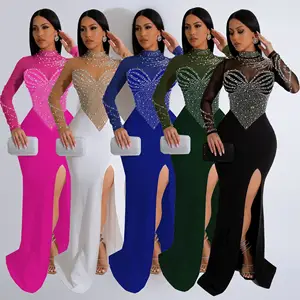 CW2986 Women Plus Size Embellished Dress Long Sleeve Mock Neck Thigh Slit Evening Party Dresses