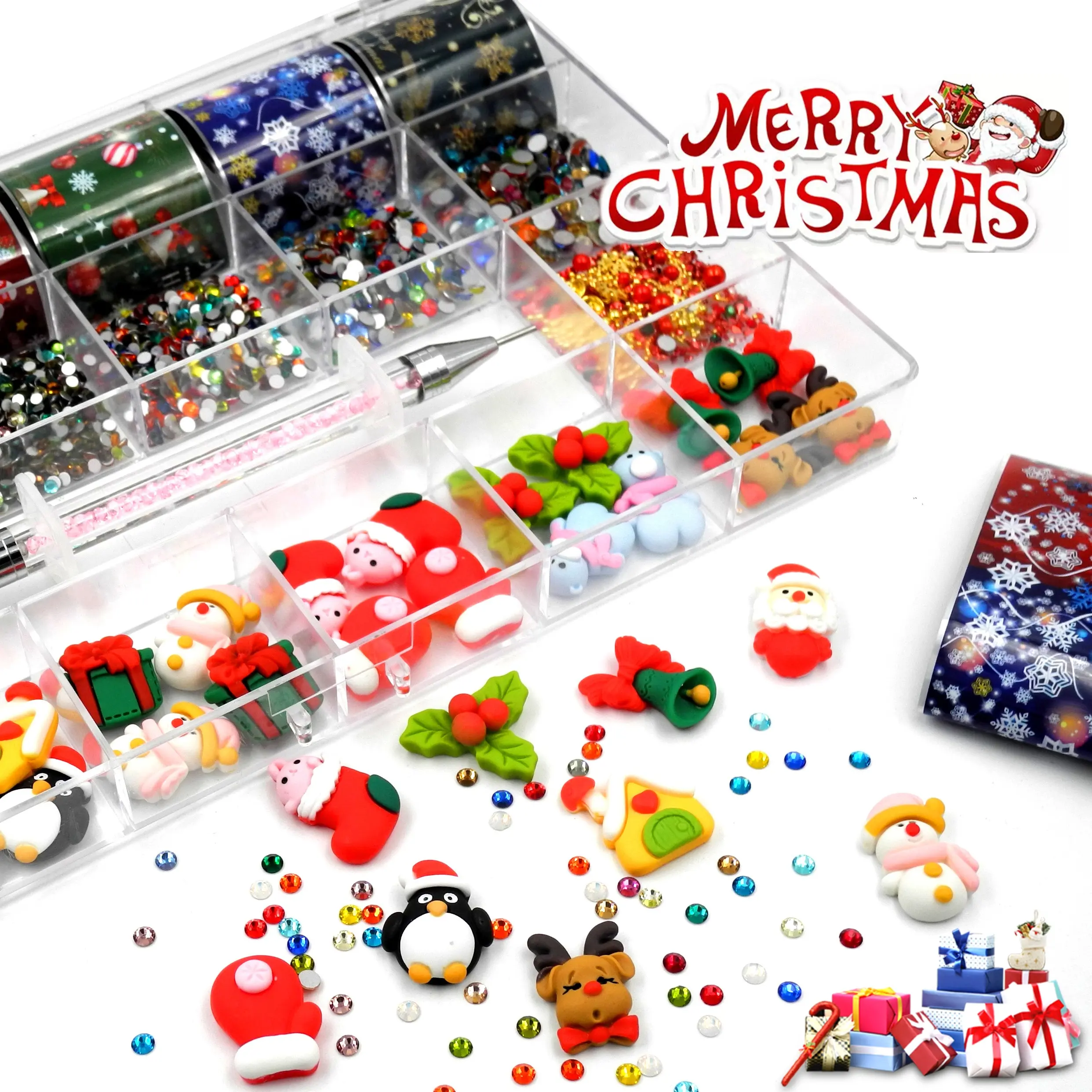 크리스마스 크리스마스 장식 럭셔리 보석 상자 세트 혼합 디자인 네일 호일 종이 네일 아트 수지 매력 스티커 네일 5d