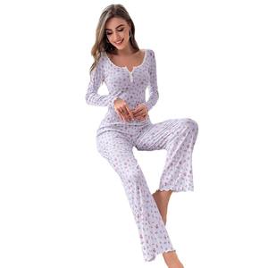Conjunto de Pijama para Mujer con Estampado Floral, Top con Ribete de Lechuga y Pantalón Largo, Ropa de Dormir Encantadora de Manga Larga para Primavera y Otoño - Product Image 3