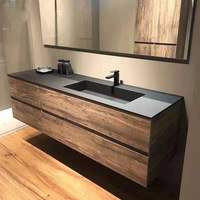 Moderner Wandmontierter Badezimmerschrank mit Holzmaserung und Integriertem Schwarzem Waschbecken, Schubladen mit Soft-Close-Funktion für Zeitgenössische Badezimmer