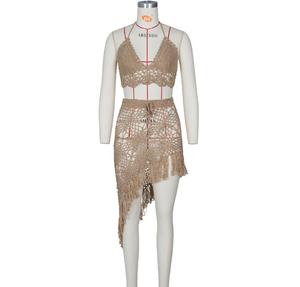 NUOVO ARRIVO Gonna all'Uncinetto con Frange Due Pezzi Abbigliamento da Spiaggia Abito in Cotone - Product Image 2