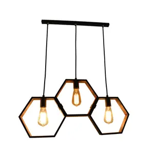 Wood Grain Hexagonal 3 Lights Kitchen Minimalist Modern Pendant Light Hanging Home Decor Light Chandelier Pendant Lamp