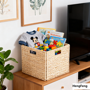 11.8 Inch Woven Water Hyacinth Collapsible Eco-Friendly Multifunction <strong>Square</strong> <strong>Storage</strong> <strong>Basket</strong> with Built-in Handles - Product Image 3