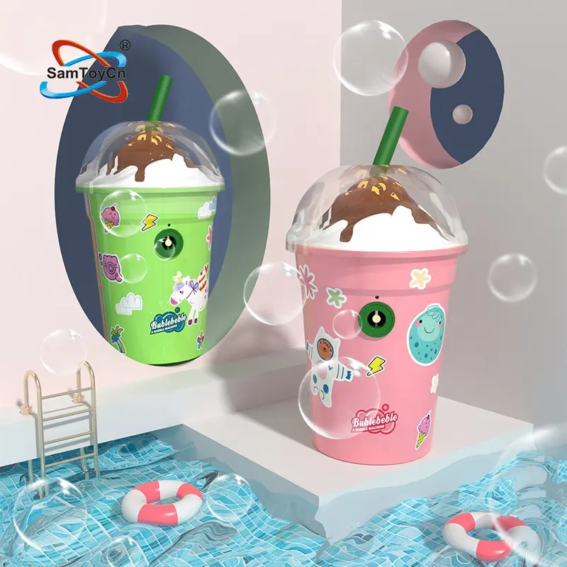 Samtoy Cup Shape Kids B/O Automatic Light up Bubble Toys Machine Blaster Bubble Blower with Brace