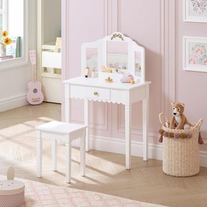 Juego <span class=keywords><strong>de</strong></span> tocador infantil <span class=keywords><strong>de</strong></span> madera blanca con espejo y taburete para dormitorio, tocador <span class=keywords><strong>de</strong></span> maquillaje infantil con diseño festoneado para niñas pequeñas - Product Image 2